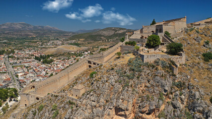 Obraz premium Aerial drone photo of medieval Venetian fortress of Palamidi built uphill in historic seaside town of Nafplio, Argolida, Peloponnese, Greece