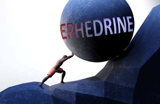 Ephedrine as a problem that makes life harder - symbolized by a person pushing weight with word Ephedrine to show that Ephedrine can be a burden that is hard to carry, 3d illustration