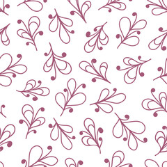 Floral fantasy pink branches on white background. Seamless doodle cute pattern. Suitable for packaging, textile.