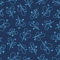 Fototapeta na wymiar Floral light blue branches on dark background. Seamless doodle fantasy pattern. Suitable for packaging, textile.