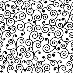 Vintage doodle black curves and spots on white background. Simple seamless decorative pattern. Suitable for textile, packaging.