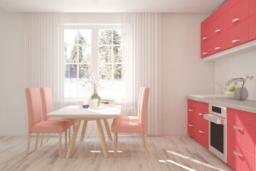 Fototapeta na wymiar Сoral kithen. Color and trend of the year 2019. Scandinavian interior design. 3D illustration