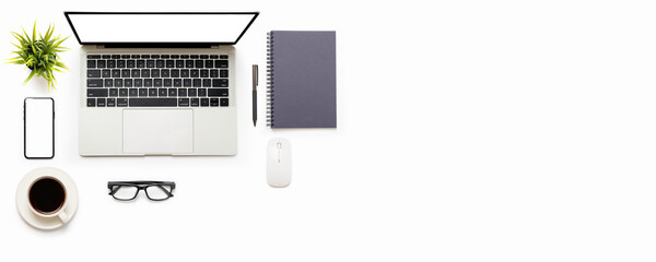 Flat lay of White office desk table
