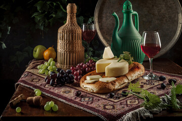 Fruit with red wine. Classic beautiful still life with a glass of red wine and fruit on an old vintage wooden dark table. Concrete background. Dramatic light. Rustic style. Candles in the candlestick