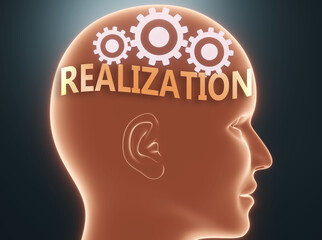 Realization inside human mind - pictured as word Realization inside a head with cogwheels to symbolize that Realization is what people may think about, 3d illustration
