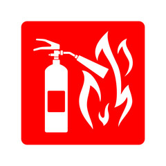 Fire extinguisher red sign - square sticker with firefighter device and flame silhouette
