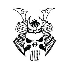 Shogun skull. Warrior skull. Traditional armor of japanese warrior. Hand drawn illustration. Isolated on white background.