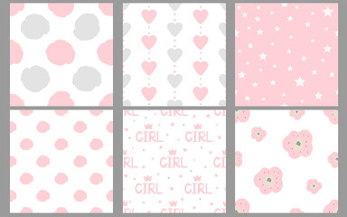 Girl seamless patterns. Baby digital paper. Pink and gray.