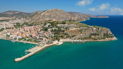 Aerial drone photo of picturesque and historic old town of Nafplio in the slopes of Palamidi fortress and Acronafplia, Argolida, Peloponnese, Greece