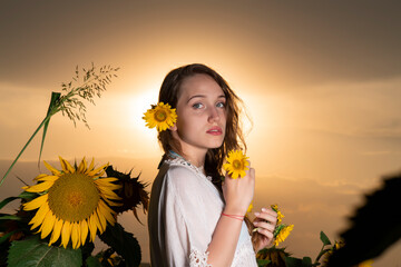 Beautiful young girl posing in a sunflower field at sunset 