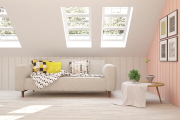 White stylish minimalist room with sofa. Scandinavian interior design. 3D illustration