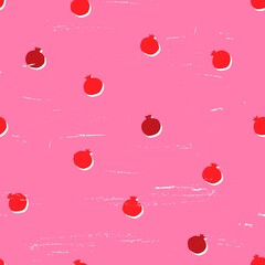 Small pomegranate seamless pattern with scratch texture. Girly pink and red summer fruit silhouette repeat vector design.