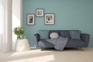 Blue stylish minimalist room with sofa. Trend of the 2019 year. Scandinavian interior design. 3D illustration