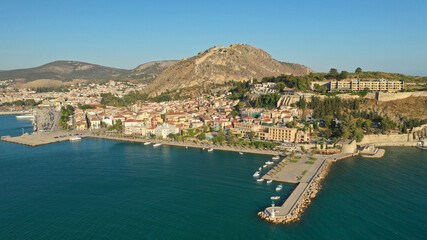 Aerial drone photo of picturesque and historic old town of Nafplio in the slopes of Palamidi fortress and Acronafplia, Argolida, Peloponnese, Greece