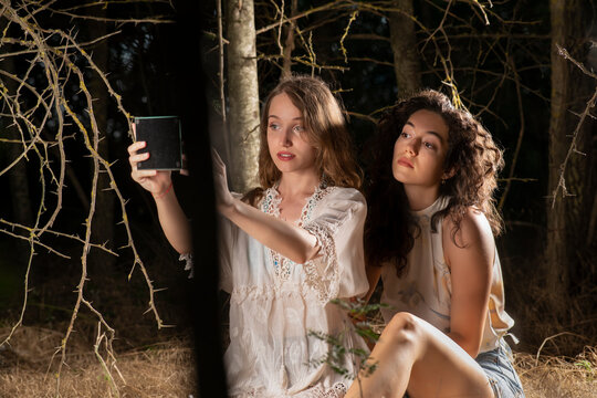 Beautiful girls posing together on forest background