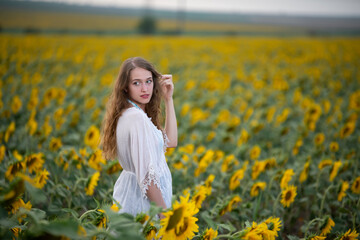 Naklejka na ściany i meble Beautiful young girl posing at sunset in a sunflower field 