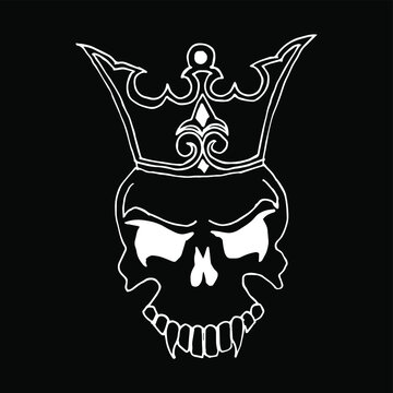 King skull wearing crown. Hand drawn illustration. Isolated on black background.
