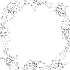 Obraz premium Floral frame of oulline flowers irises hand drawning. Copy space. Black and white. Vector stock illustration.