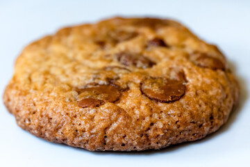 chocolate chip cookie side shot on white plate.