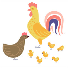 Rooster with chicken and chickens on the white background