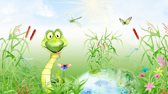 watercolor illustration with a pond, reeds, dragonflies and butterflies, snake