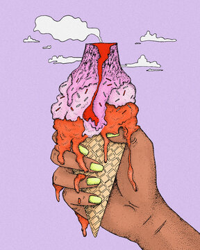 Illustration of woman's hand holding ice cream cone against sky