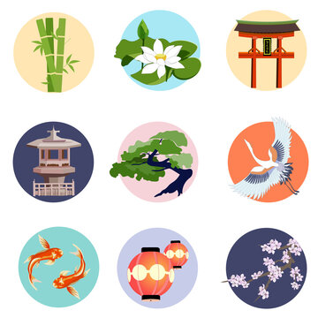 Japanese round icons set. Illustration in a flat style, circles with bamboo, lotus, tsuru, bonsai, torii and koi carps.