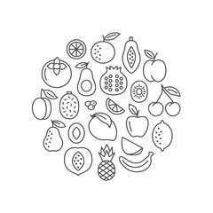 Fruit circle banner. Flat line icons. Food set with apple, banana, apricot, cherry, orange, lemon, pear, mango. Vector illustration.