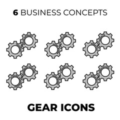 6 gear icons with business word links on them. Vector concept illustration.