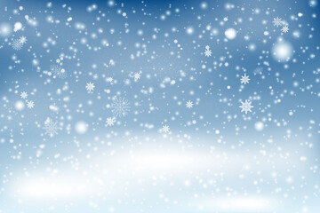 Winter Snowfall and snowflakes turquoise blue background. snowflakes in different shapes and forms, snowdrifts. Winter landscape with falling christmas shining beautiful snow. 