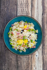 Cantonese fried basmati rice with ham and eggs