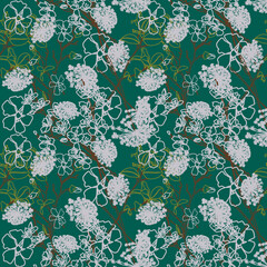 Seamless Pattern with White Flowers on a Green Background 