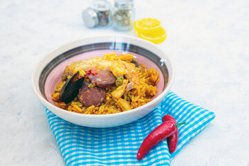 Prawn with rice - closeup of prawn with rice - traditionnal spanish food paella