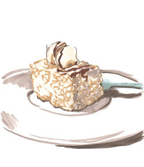 Cake on a plate. Hand drawn illustration with markers. Sweet meringue nut filling