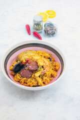 Prawn with rice - closeup of prawn with rice - traditionnal spanish food paella