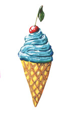 Ice cream in a horn with cherry illustration hands drawn