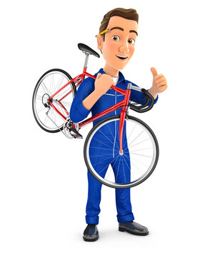 3d mechanic carrying bicycle on his shoulder