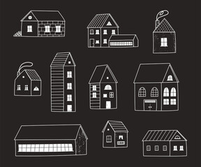A large set of different houses , buildings, a barn, a school building. White Silhouettes of houses on a black background. Flat vector illustration of houses, logo, stickers, printing