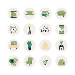 A set of drawing room items. Highlights. A good template for a website, postcards, posters, stickers, bloggers, invitations. Round stickers with furniture and flowers. Vector illustration