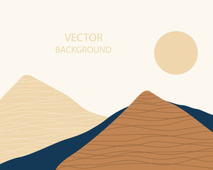Fototapeta na wymiar Abstract landscape. The sun over the mountains, hills. Background with space for text, vector illustration, banner, poster
