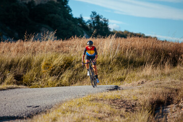 Fototapeta na wymiar Professional biker cycling between wheat fields