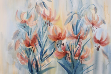 Orange lily flowering in the garden watercolor background