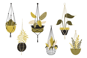Set of macrame hanging plants in pots. Hangers with potted indoor garden flowers. Handmade home decorations made of cotton rope or cord.Hand drawn cartoon. Vector illustration