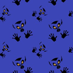 Seamless pattern with funny lemurs with bright yellow eyes. Endless texture of animal unusual interesting characters. Black and yellow elements on a dark blue background. 