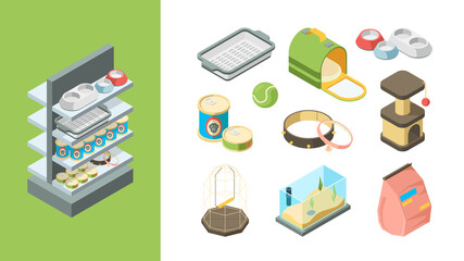 Pets shop. Products for animals balls toys food dogs cats fishes items vector isometric collection. Accessory for pet, nutrition and product, equipment and shampoo illustration