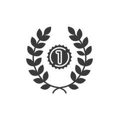 First place black glyph icon. Laurel wreath and number one. Championship prize. Sign for web page, mobile app, button, logo. Vector isolated element.