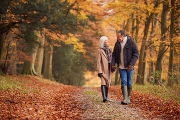 Loving Senior Couple Holding Hands As They Walk Along Autumn Woodland Path Through Trees Together