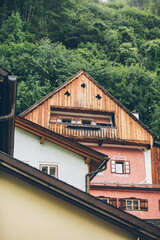 close up view of hallstatt wooden buildings