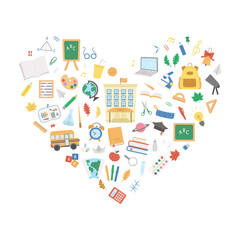 Vector back to school design framed in heart shape. Funny educational design for banners, posters, invitations. Card template with cute schoolbag, pencil, alarm, bell, blackboard..