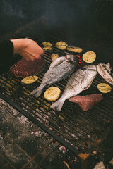 cooking fish and potatoes on grill